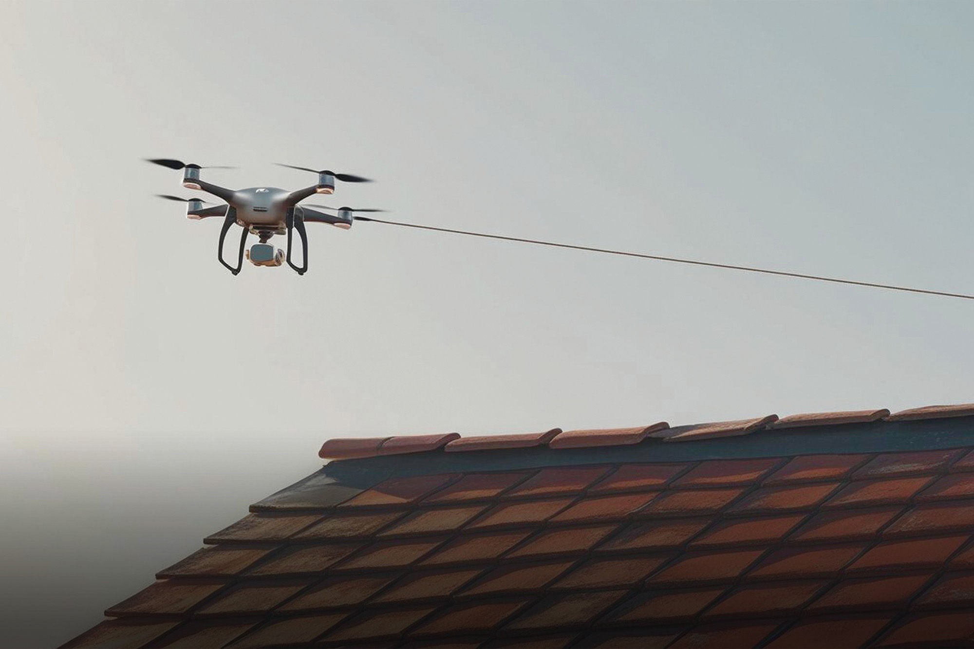 Drohne fliegt knapp über ein Ziegeldach entlang einer gespannten Sicherheitsleine – eingesetzt zur Prävention auf Baustellen in luftiger Höhe.