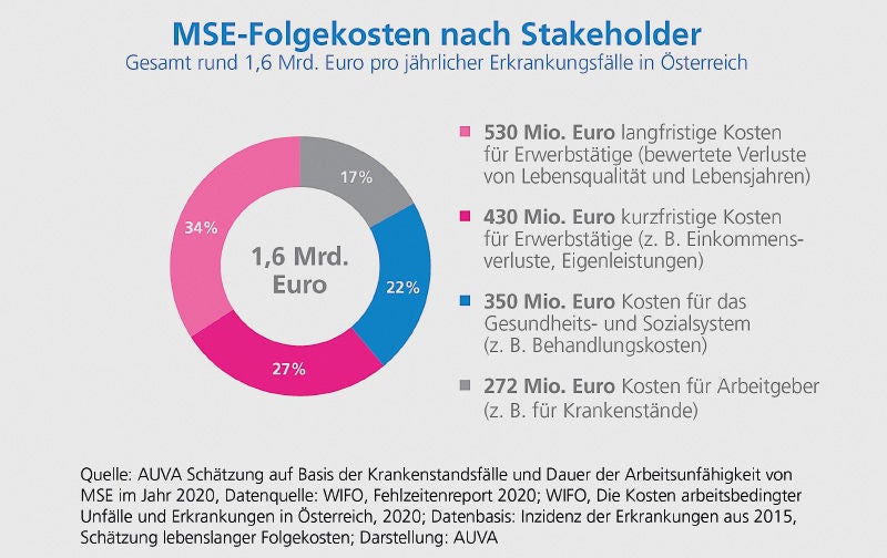 Kreisdiagramm zur Verteilung der Folgekosten von Muskel-Skelett-Erkrankungen in Österreich, aufgeschlüsselt nach Stakeholdern wie Erwerbstätige, Gesundheitssystem und Arbeitgeber.