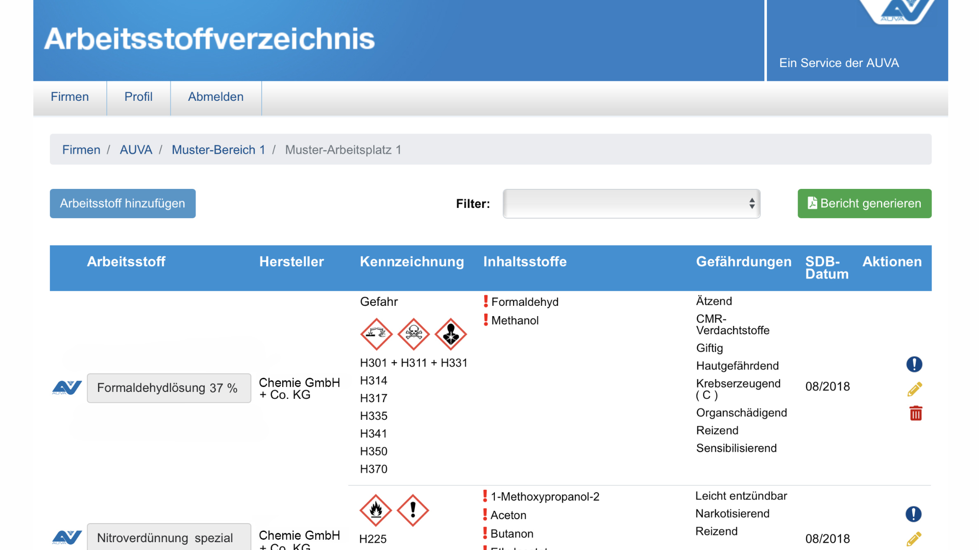 Bildschirmfoto des Arbeitsstoffverzeichnisses