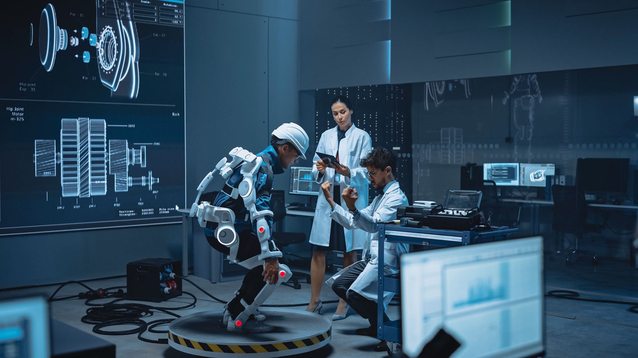 Zwei Techniker führen Tests an einem Exoskelett aus