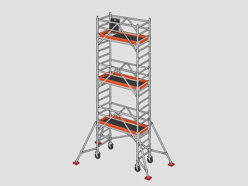 Illustration eines mehrstöckigen, fahrbaren Gerüsts mit Metallrahmen, orangefarbenen Plattformen und seitlichen Stützstreben.