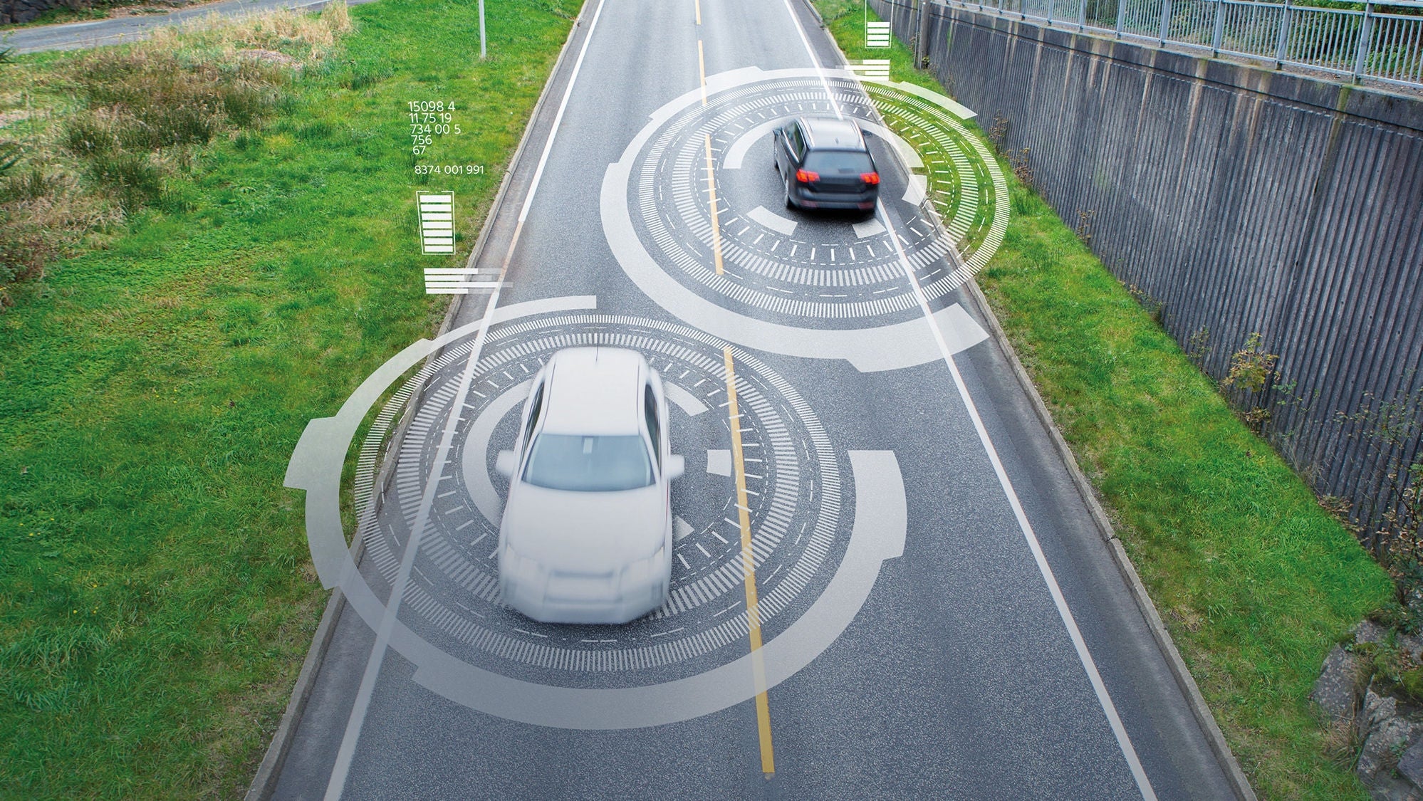 Ansicht aus der Vogelperspektive auf eine Straße mit Autos, die von illustrierten Kreisen, die eine Art Steuerung darstellen, umgeben sind