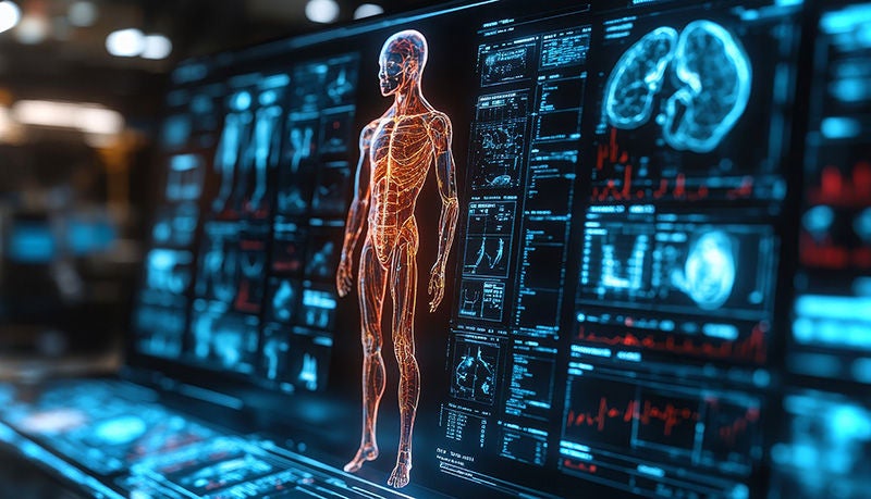 Digitale medizinische Anzeige mit einem menschlichen Körperscan und Vitaldaten.
