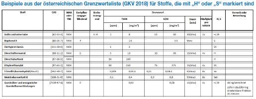 Beispiele aus der österreichischen Grenzwerteliste für Stoffe mit „H“- oder „S“-Markierung