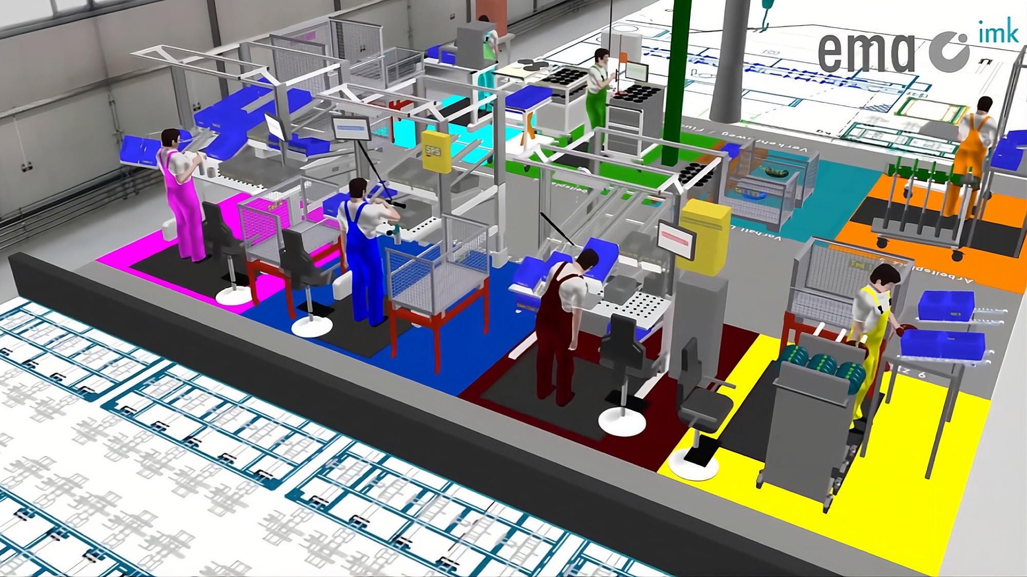 Mehrere Personen in bunter Arbeitskleidung arbeiten an verschiedenen Stationen in einer modernen, farblich unterteilten Fabrikumgebung mit technischen Geräten und Monitoren.