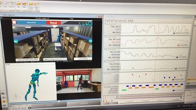  Messwerte, den virtuellen Lagerraum und die Testperson am Bildschirm