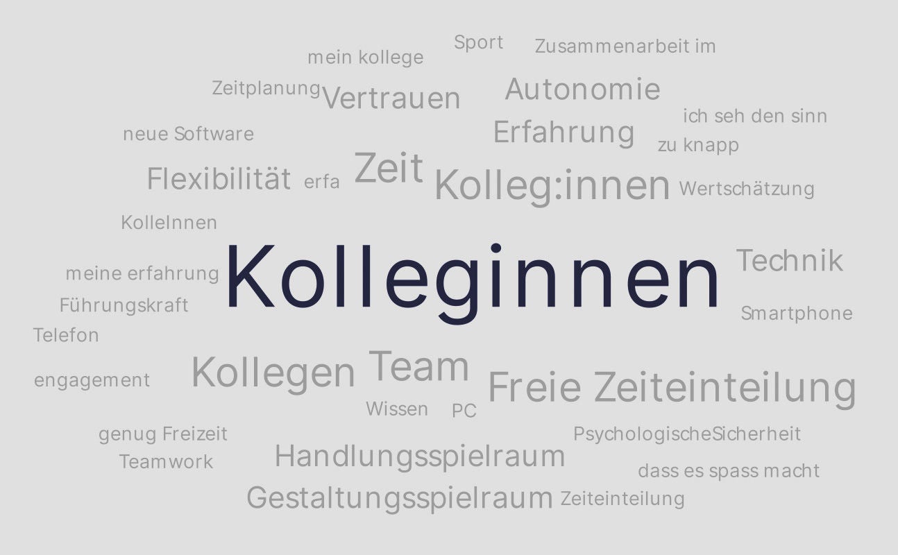 eine Wort-Wolke mit verschiedenen Begriffen, die unterschiedlich groß sind (von groß nach klein (Auszug): Kolleginnen, Kollegen, Zeit, freie Zeiteinteilung, Flexibilität, Vertrauen, Gestaltungsspielraum, Autonomie, ....