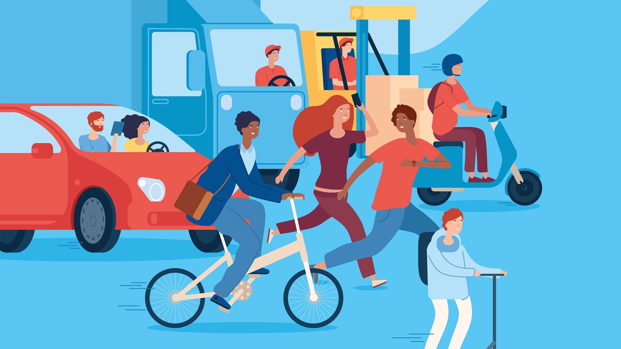 eine Illustration einer Straßensituation mit vielen Menschen, Fahrradfahrern, Scooter-Fahrer, Autos, Stapler etc.