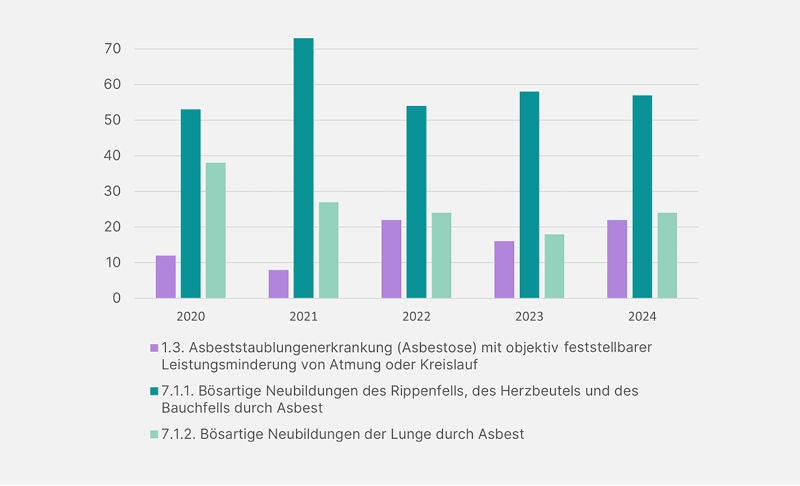 Die Balkendiagramm zeigt die jährliche Anzahl von drei verschiedenen Asbest-bedingten Erkrankungen von 2020 bis 2024 mit deutlichen Schwankungen und einem Höhepunkt bei bösartigen Neubildungen des Rippenfells, Herzbeutels und Bauchfells im Jahr 2021.