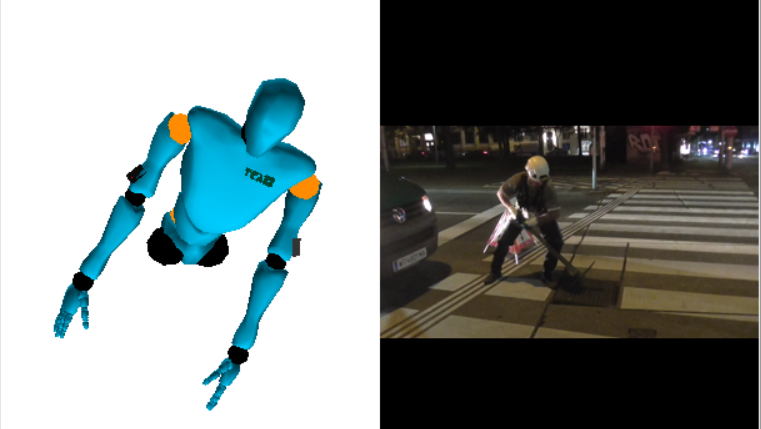 Das Bild zeigt einen Screenshot: Links wird das erfasste Modell grafisch dargestellt, rechts das Foto des aufgenommenen Arbeiters.
