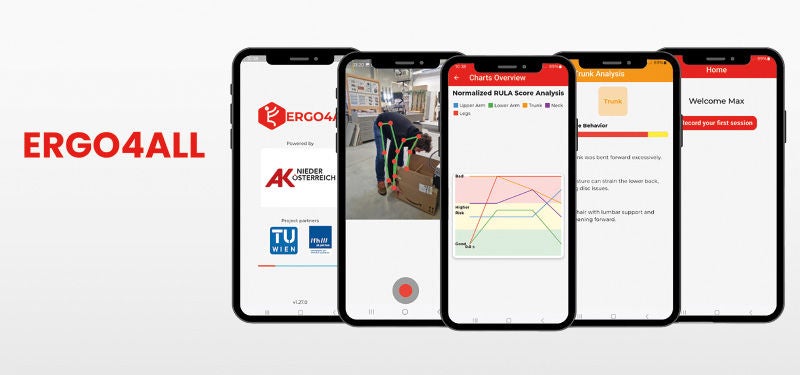 Fünf Smartphone-Bildschirme zeigen die Benutzeroberfläche der App „Ergo4all“, die ergonomische Analysen durchführt – hier am Beispiel des Hebens von Lasten.