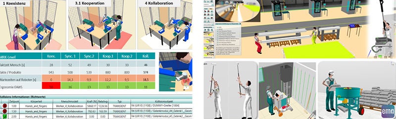 Drei Szenen zeigen Menschen, die an Tischen mit Robotern arbeiten, begleitet von einer Tabelle mit Leistungsdaten und Kollisionsinformationen zu Koexistenz, Kooperation und Kollaboration. Mehrere Personen in Arbeitskleidung führen verschiedene Tätigkeiten mit Werkzeugen und Maschinen in einer industriellen oder handwerklichen Umgebung aus, begleitet von technischen Zeichnungen und Anleitungen.