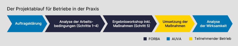 Pfeildiagramm zum fünfstufigen Projektablauf von Auftragsklärung bis Wirksamkeitsanalyse.
