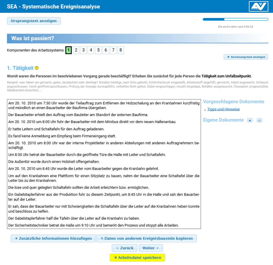 Abbildung 1: Informationssammlung für die Komponente Tätigkeit zum Unfallzeitpunkt