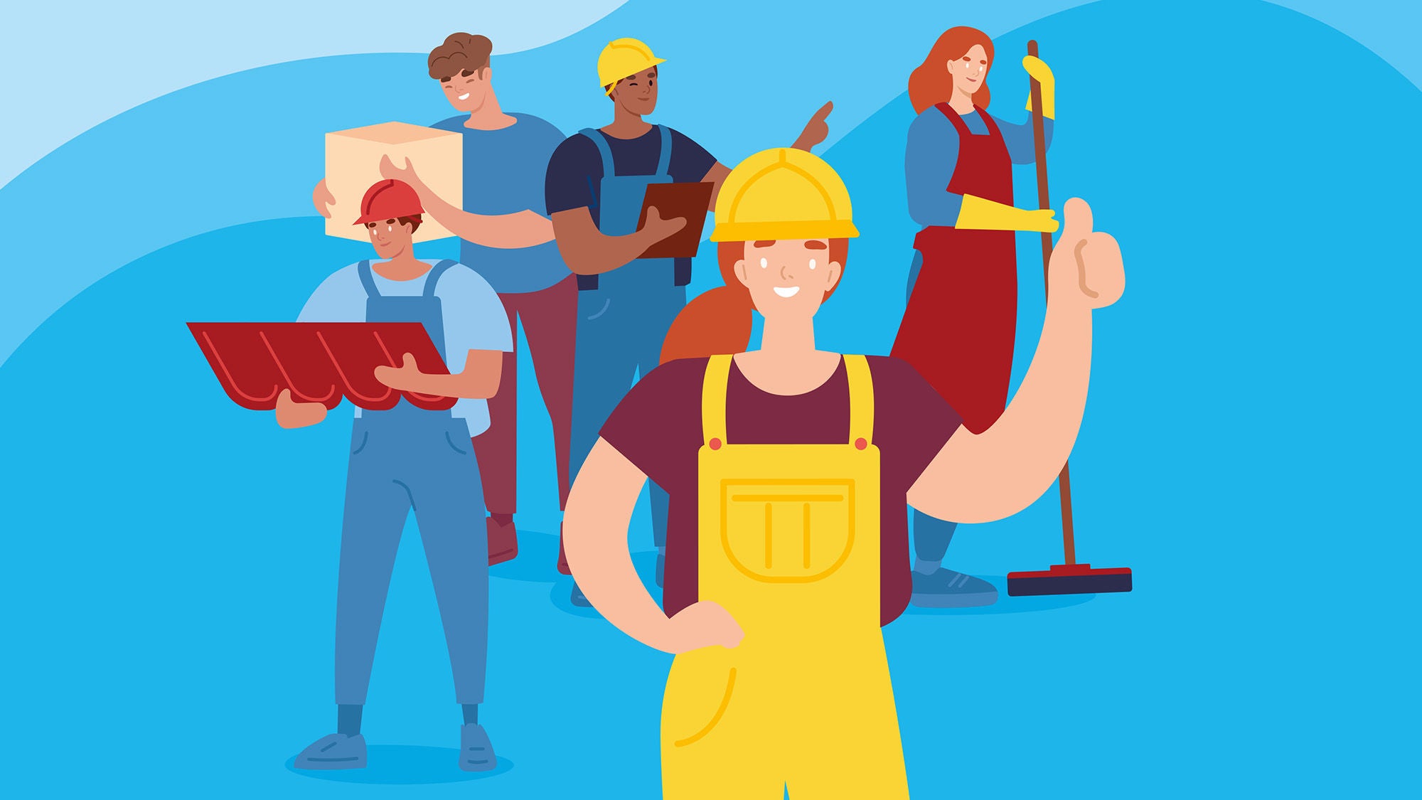 Illustration von verschiedenen arbeitenden Personen: Reinigungsfrau, Arbeiter mit Helm, Botendienst uvm.
