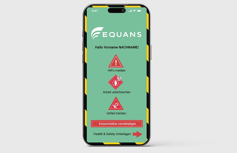Screenshot der Equans Health & Safety App auf einem Smartphone mit Menüoptionen zur Unfallmeldung und Sicherheitskontrolle