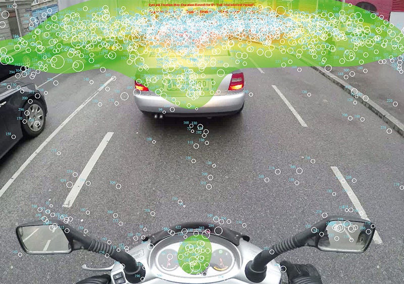 Blickbewegungsbereich aus der Sicht einer bzw. eines Motoradfahrer:in, die hinter einem Auto herfährt. In diesem ersten Bild ist der Sichtbereich deutlich weiter und breiter, als im zweiten Bild.