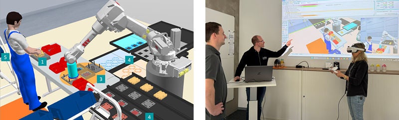 Drei Personen in einem modernen Büro nutzen eine Virtual-Reality-Brille und Controller, während eine computergenerierte Simulation an die Wand projiziert wird. Eine Person in blauer Latzhose bedient an einem Tisch eine industrielle Roboterarm-Maschine, die verschiedene farbige Bauteile sortiert und auf einem Förderband ablegt.