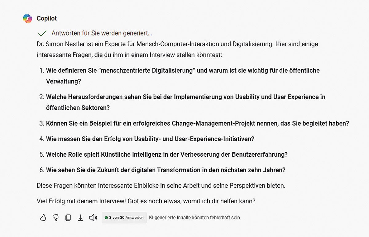 Screenshot Copilot Fragen und Antworten