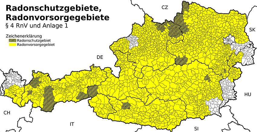 Österreichkarte mit eingezeichneten Radon-Schutzgebieten und Radonvorsorgegebieten, wie im Text erläutert.