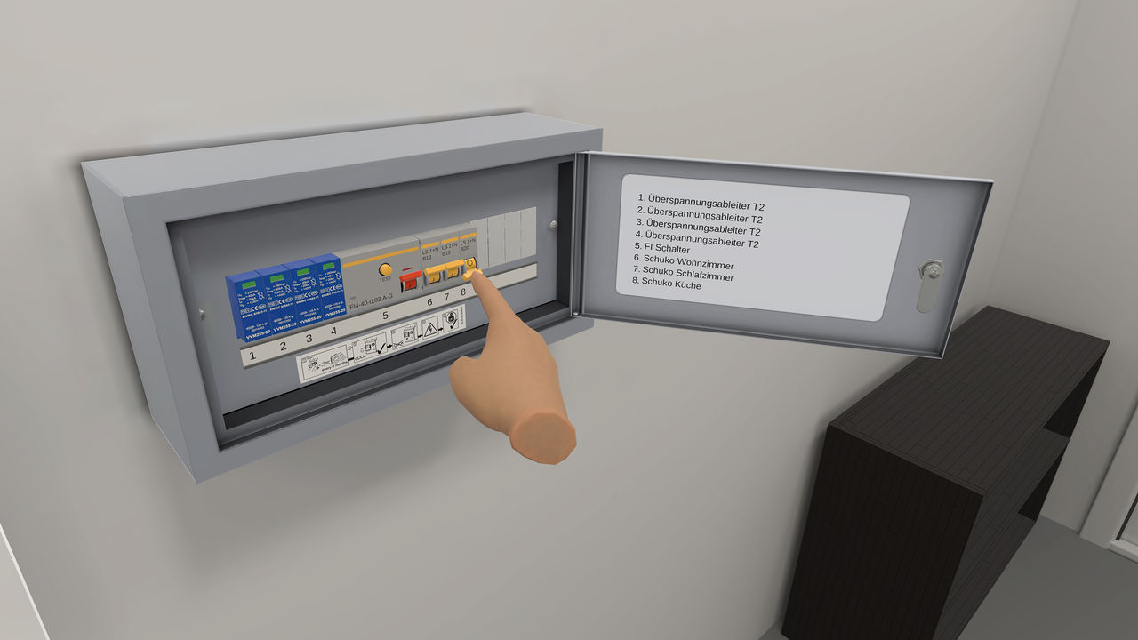 eine virtuelle Hand bewegt einen FI-Schalter